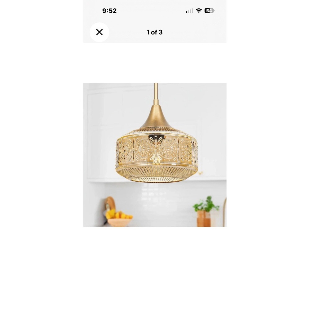 Large Amber Glass Pendant Light with Brushed Brass Finish Adjustable Height NIB